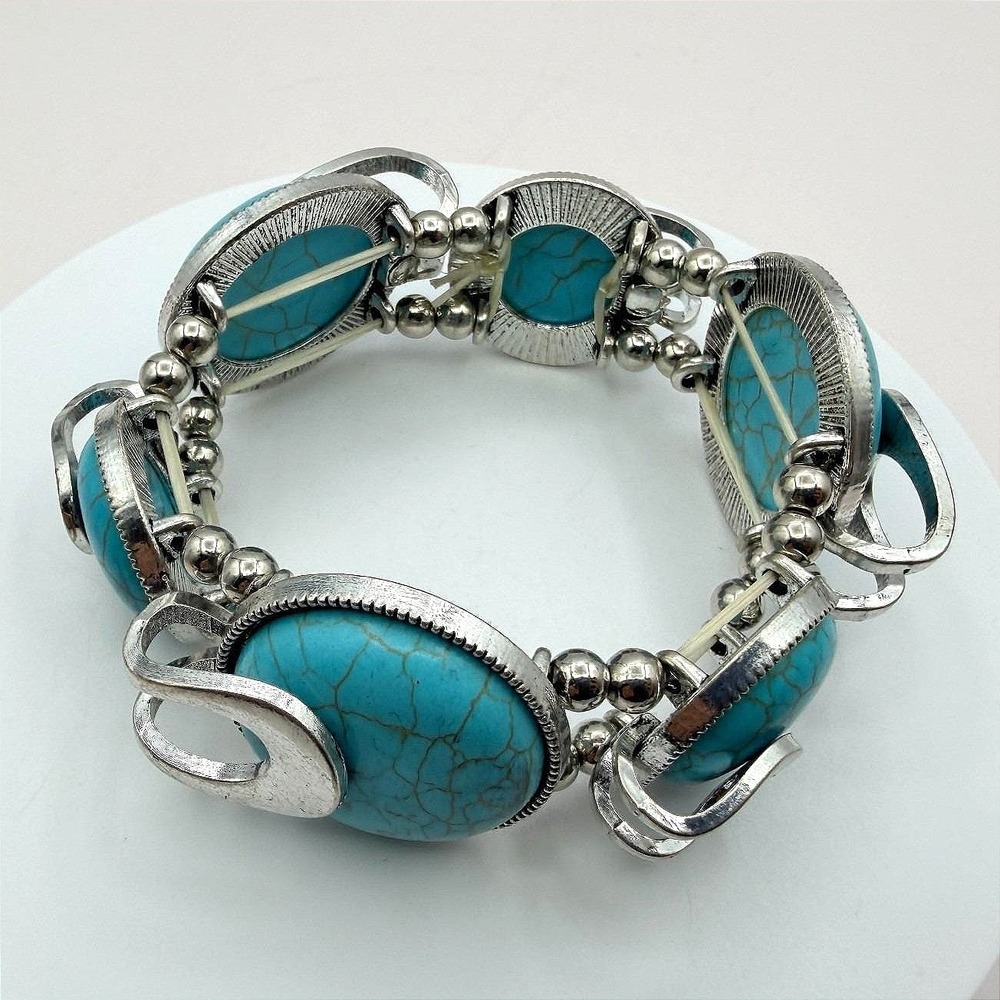 Vintage 90s Silver‎ Tone Blue Faux Turquoise Statement Stretch Bracelet Boho